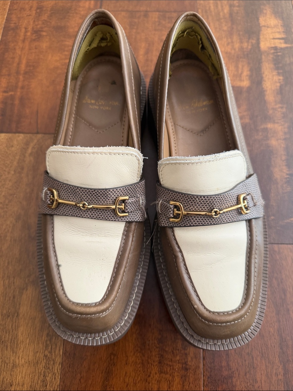 Women’s Two-Tone Brown and Cream Leather Loafers with Gold Bit